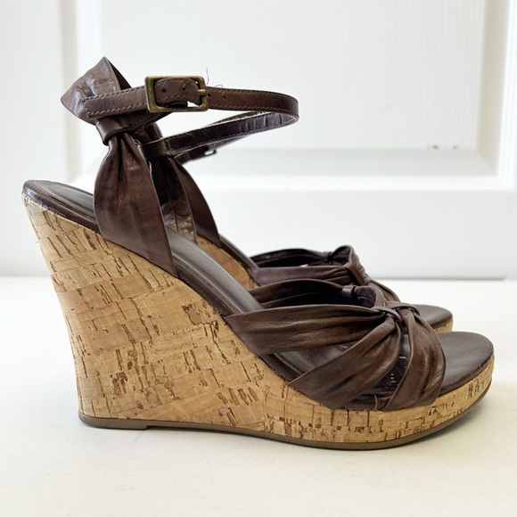 Aldo Brown Leather Wedge Sandals Cork Heel Ankle Strap Size 38 - Picture 2 of 16